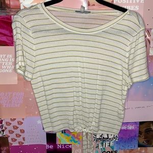 Blue yellow and white striped crop top with tie